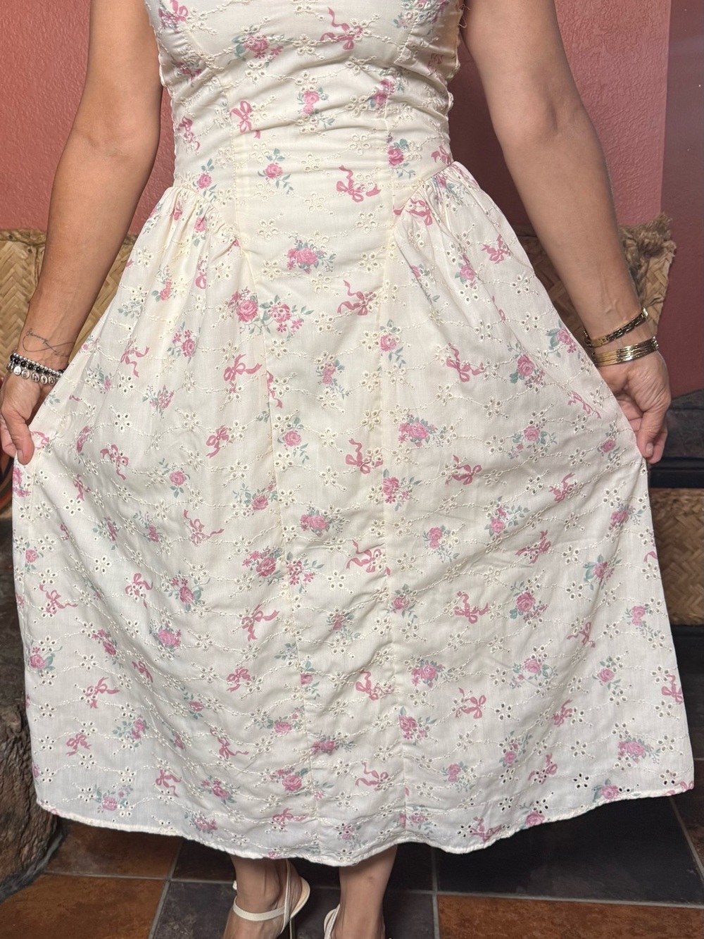 Women’s White Halter Midi Dress with Pink Floral Print - Picture 6 of 7